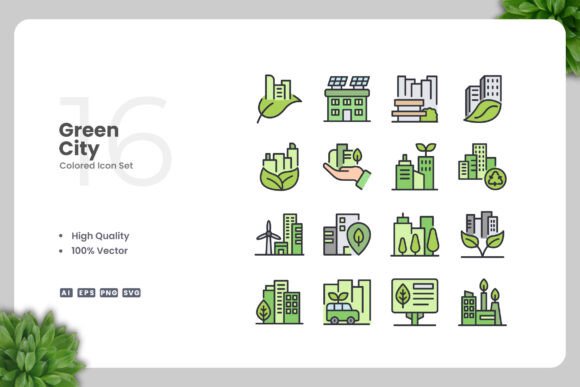 Green City Colored Icons: A Graphic Design Asset for Handmade Creations