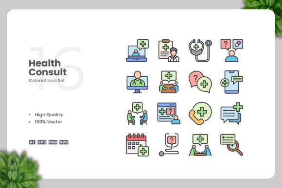 Health Consult Colored Icons: A Versatile Graphic Asset for Branding