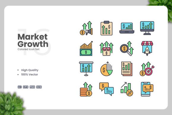 Market Growth Colored Icons for Small Business Branding